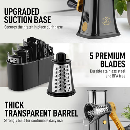 Zulay Kitchen Rotary Cheese Grater 5 Blade Cheese Shredder - Manual Hand Crank Cheese Grater With Reinforced Suction & 5 Interchangeable Drums - Easy to Use, Vegetable Chopper Round Mandoline Slicer - Colors B
