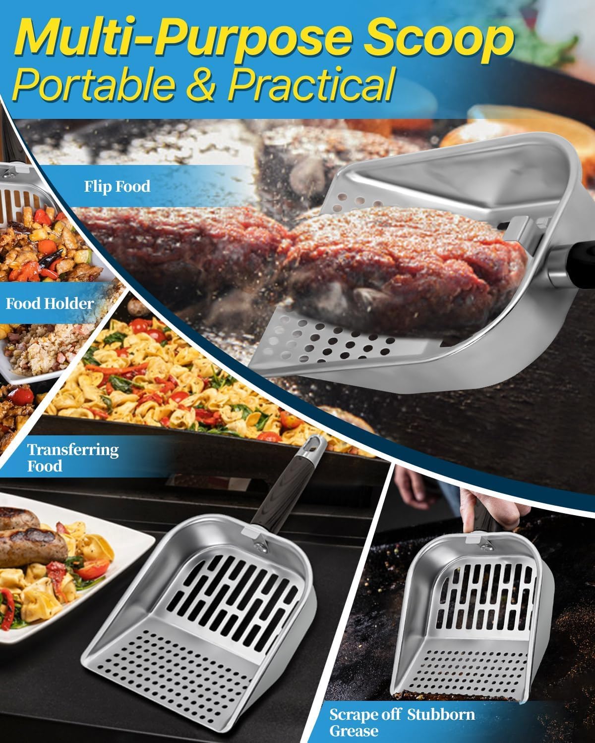 Griddle Scoop for Blackstone with a Any-Edge Hook, Stainless Steel Griddle Portable Food Mover for Stir Fry and Move Food, Classic Grill Shovel