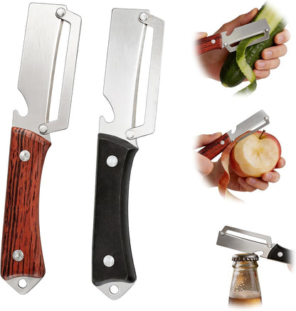Multifunctional Vegetable Peeler, 3 in 1 Julienne Peeler with Wooden Handle, Vegetable Shredder with Bottle Opener Kitchen Tool for Peeling Veggie Fruit Pineapple Pumpkin Papaya Carrrot(2 Pack)