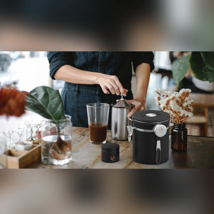 Coffee canister for ground coffee with Scoop Date Tracker One Way Co2 Valve 304 Stainless Steel Kitchen Food Airtight storage container for Coffee Beans,Grounds,Tea,Sugar (Black, 16oz)