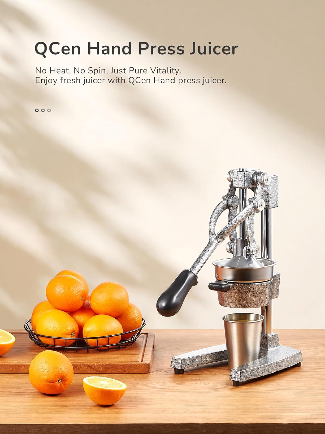 QCen Professional Cast Iron Manual Juicer, Heavy Duty Citrus Press with Stainless Steel Strainer, Easy-to-Clean Hand Squeezer for Orange, Lemon, Lime and Grapefruit - Black (Black)