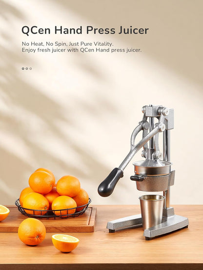QCen Professional Cast Iron Manual Juicer, Heavy Duty Citrus Press with Stainless Steel Strainer, Easy-to-Clean Hand Squeezer for Orange, Lemon, Lime and Grapefruit - Black (Black)