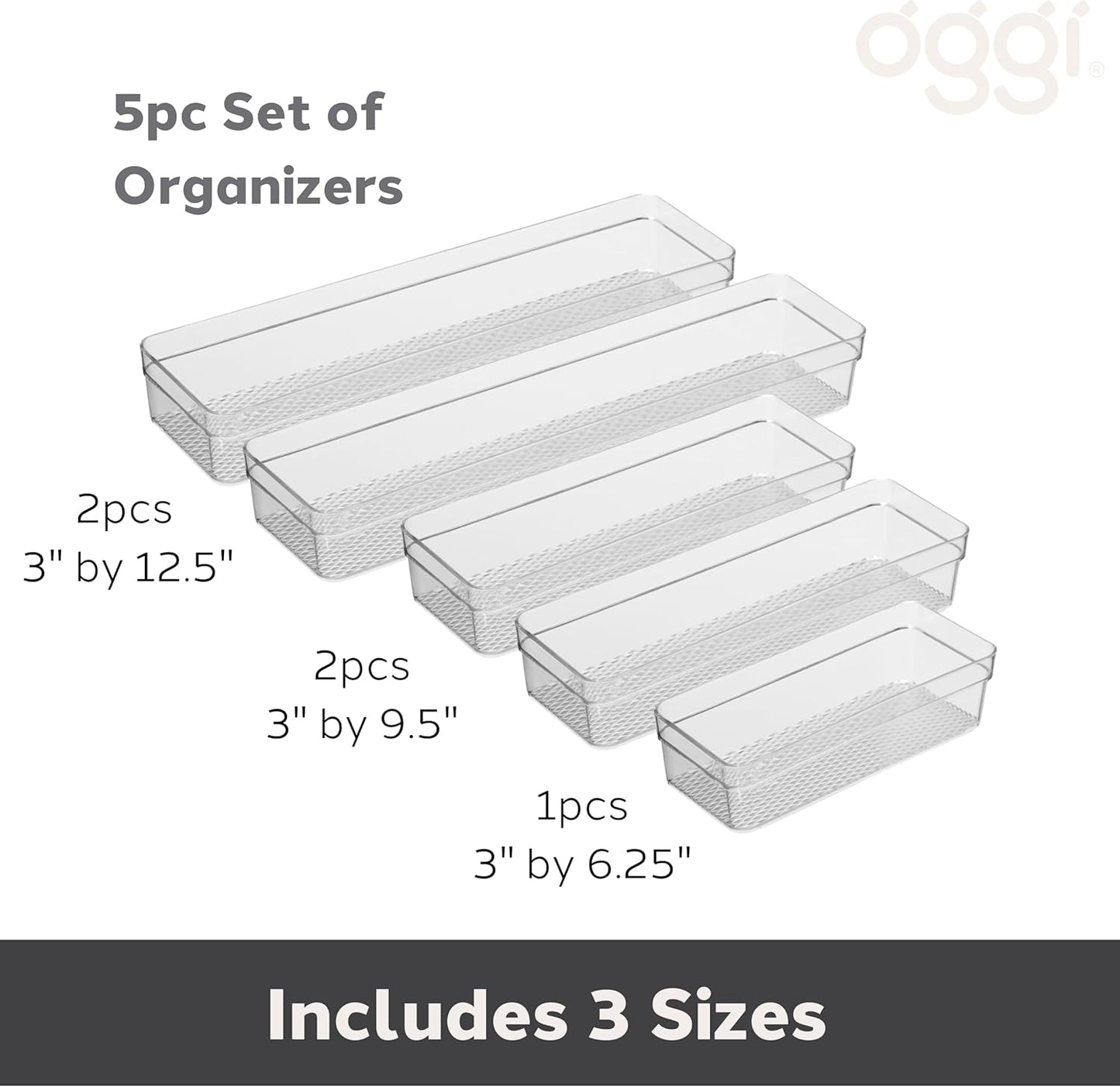 Oggi Clear Drawer Organizer - 3" X 12.5" - Ideal for Organizing Kitchen Drawers, Office, Desk, Silverware, Kitchen Utensils, Cosmetics and Bathrooms