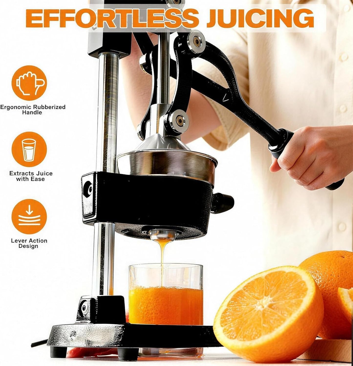 Cast Iron Citrus Juicer - 13.8LB Heavy Duty Manual Orange Press, 304 Stainless Steel Cup & Strainer, Professional Lemon Grapefruit Pomegranate Squeezer for Home Bar Kitchen, Orange