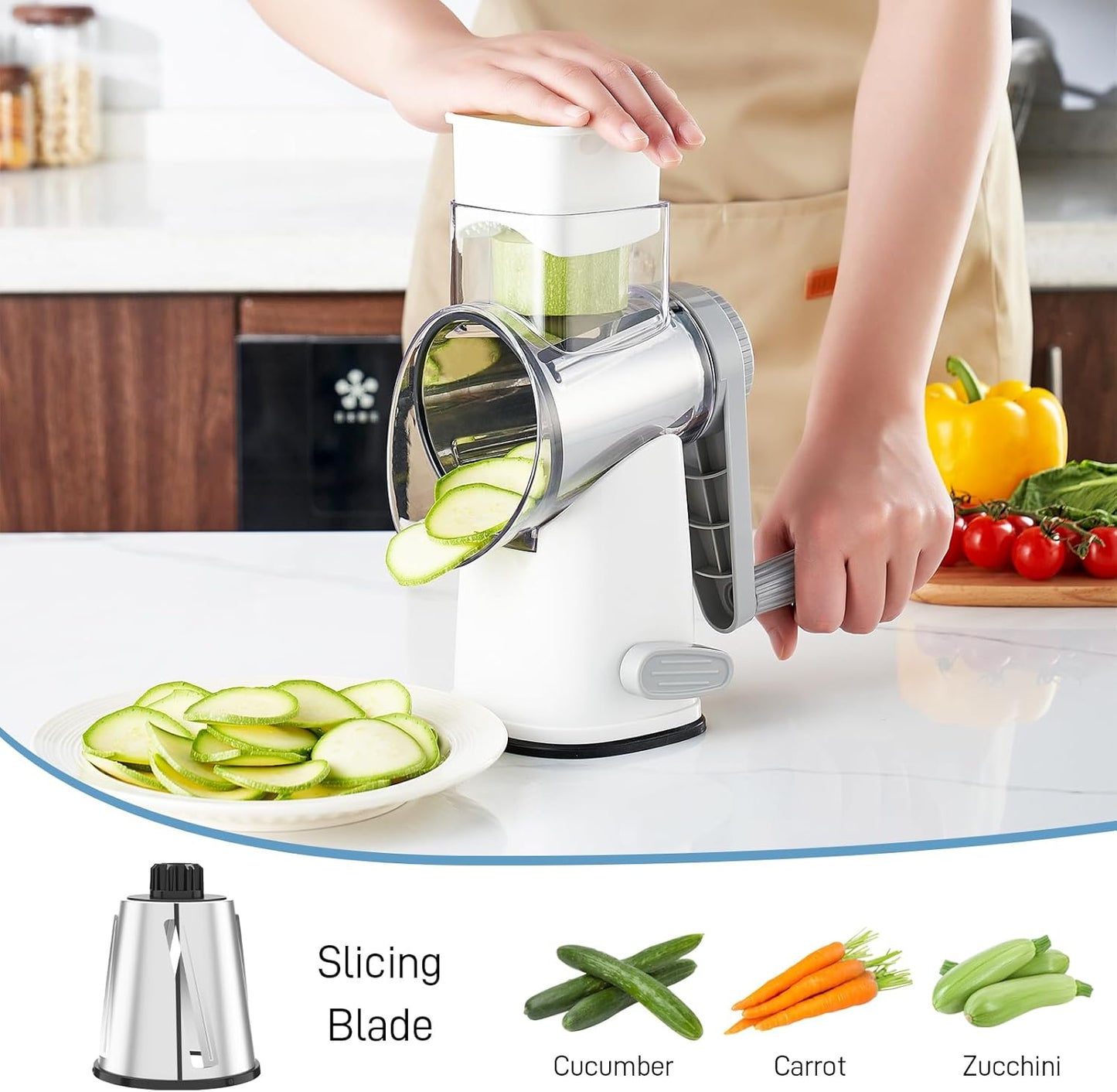 VEKAYA Rotary Cheese Grater Hand Crank with 4 Interchangeable Stainless Steel Blades, Large Manual Handle Shredder and Waffle Slicer for Vegetables, Cheese and Nuts with Table Suction Base(Blue)
