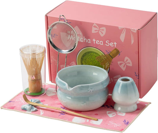 DWEHIXBUY Matcha Kit 7-Pcs matcha whisk set, Measuring Spoon, Japanese Tea Making Tools,Cha, tea bowl, pink matcha set (light blue)
