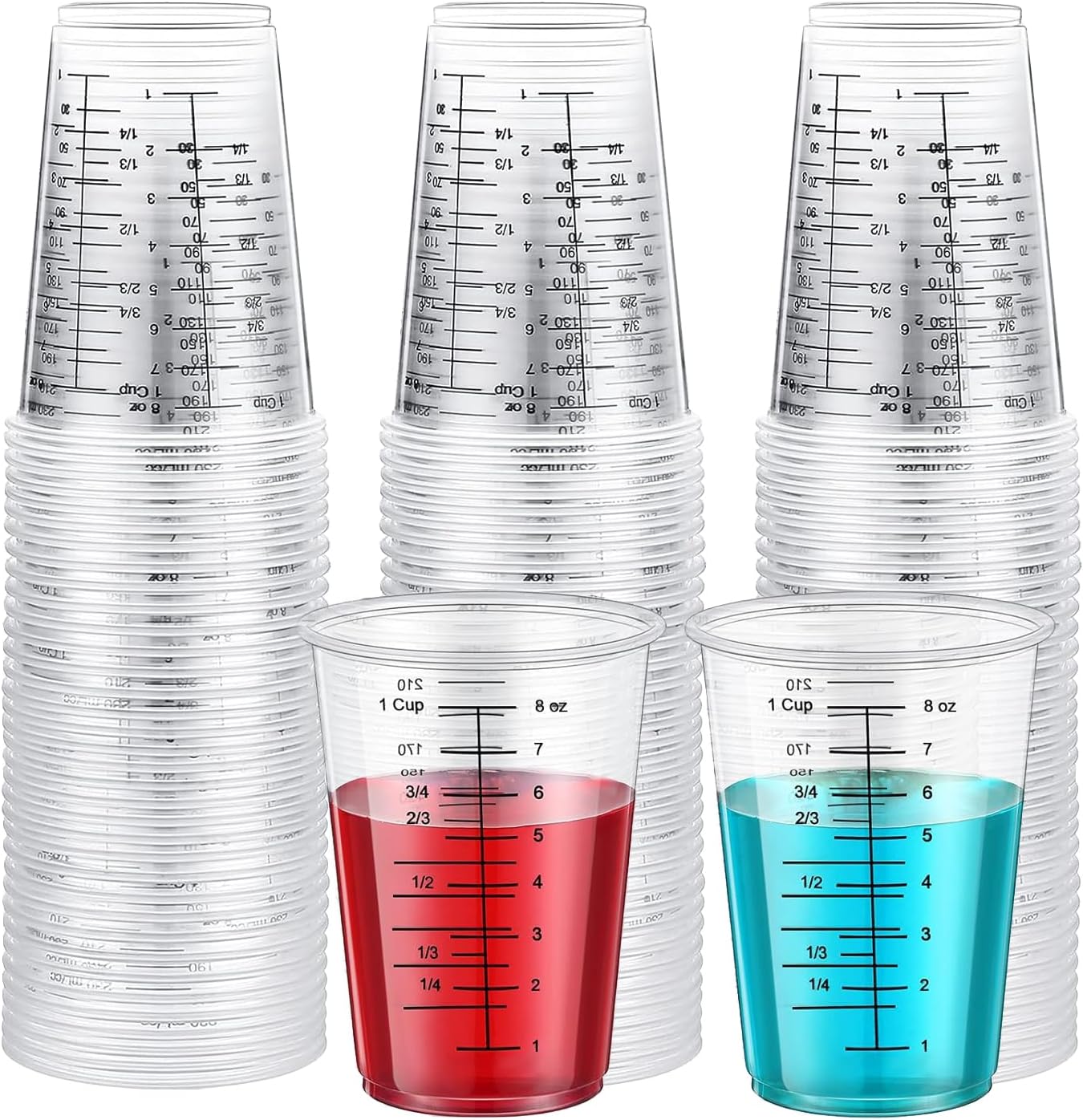Taeku Measuring Cups Plastic, 8 oz Disposable Clear Epoxy Cups for Resin Reusable Multipurpose Stain Paint Liquid Mixing Cups for Cooking Baking (Pack of 100)