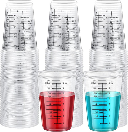Taeku Measuring Cups Plastic, 8 oz Disposable Clear Epoxy Cups for Resin Reusable Multipurpose Stain Paint Liquid Mixing Cups for Cooking Baking (Pack of 100)