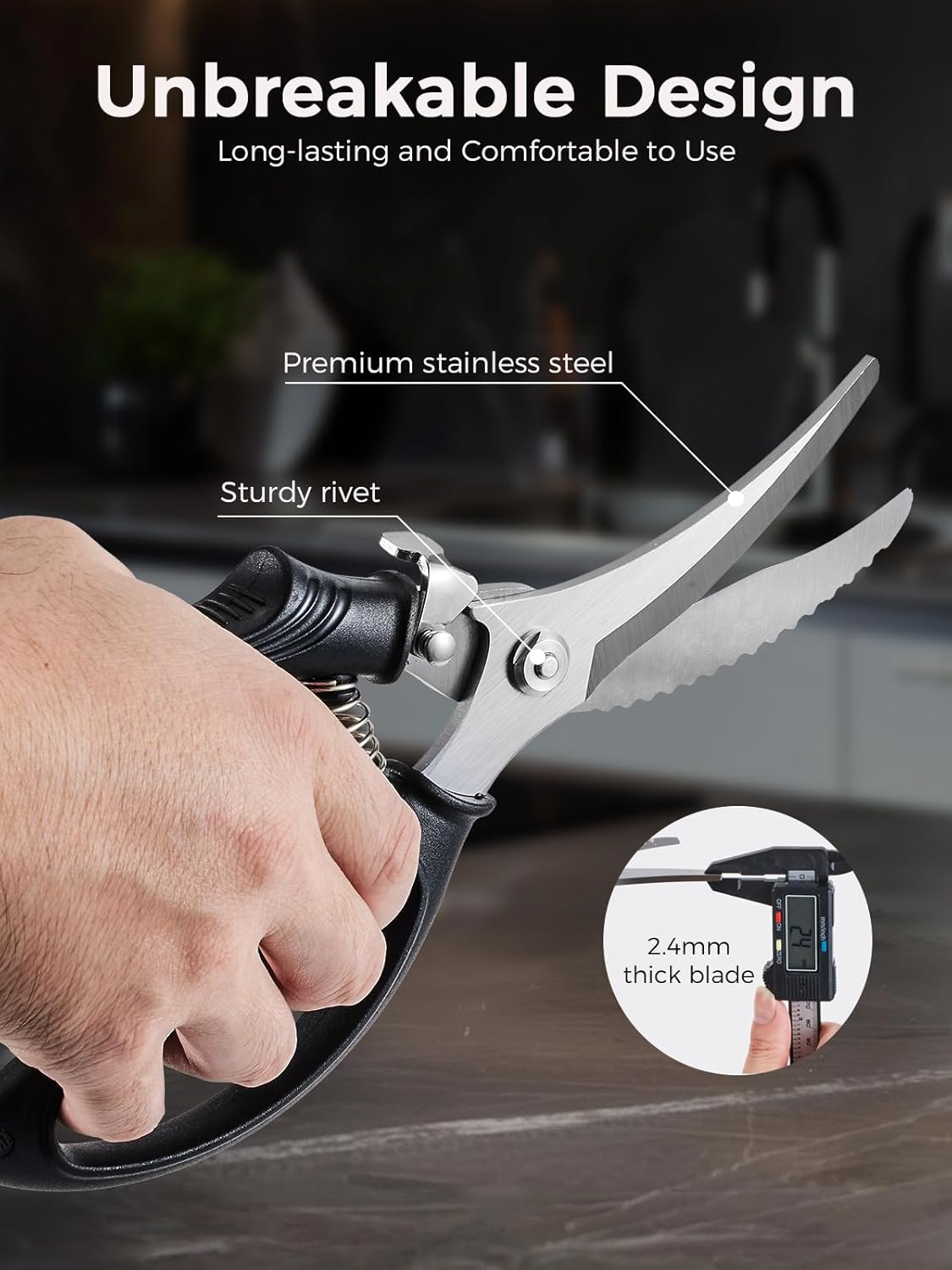 Poultry Shears, Heavy Duty Kitchen Shears With Anti-Slip Handle & Safety Lock, Poultry Scissors for Meat, Chicken, Bone,Turkey, Fish, Spring Loaded, Dishwasher Safe