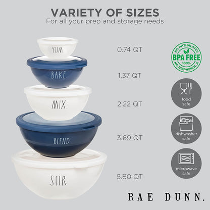 Rae Dunn Mixing Bowls with Lids - 10 Piece Plastic Nesting Bowls Set includes 5 Prep Bowls and 5 Lids (Sage)