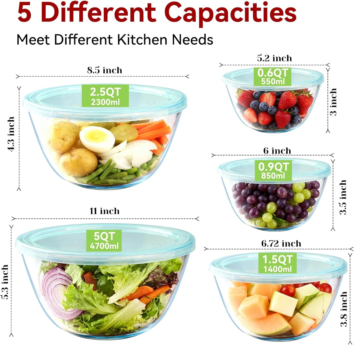 YUANYE 4 Pack Glass Mixing Bowls with Lids Set (3/1.7/0.9/0.6QT),Thick Glass Large Salad Bowl Set, Nesting Kitchen Bowls for Serving, Prepping, Cooking and Baking, Dishwasher, Oven,Microwave Safe
