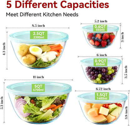 YUANYE 4 Pack Glass Mixing Bowls with Lids Set (3/1.7/0.9/0.6QT),Thick Glass Large Salad Bowl Set, Nesting Kitchen Bowls for Serving, Prepping, Cooking and Baking, Dishwasher, Oven,Microwave Safe
