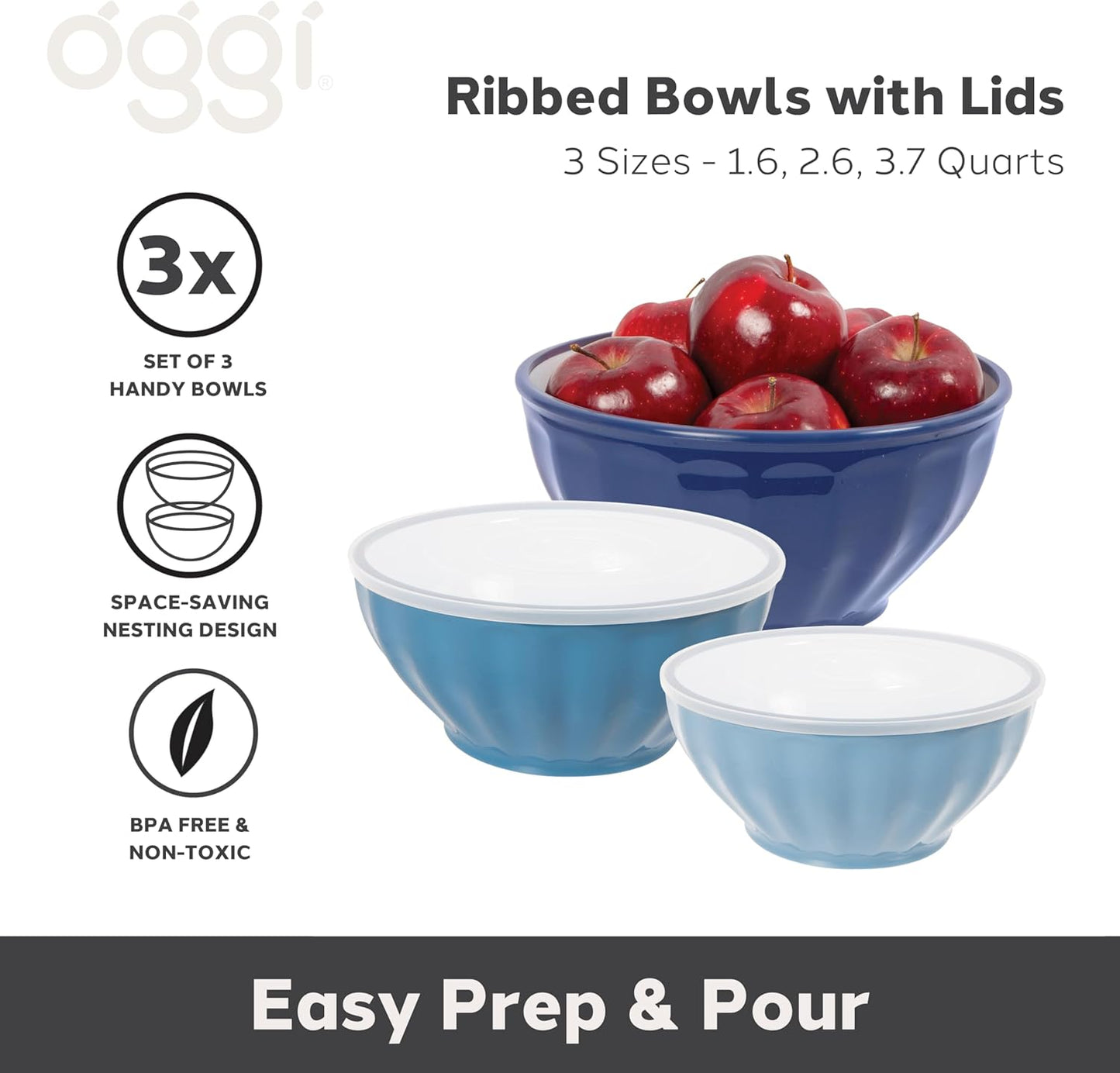 Oggi Set of 3 Ribbed Mixing Bowls with Lids - Nested Plastic Bowls for Kitchen, Durable Mixing Bowls Set, BPA-Free Plastic Bowls with Lids - 1.6, 2.6, 3.7 Qt