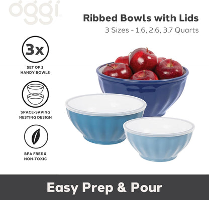 Oggi Set of 3 Ribbed Mixing Bowls with Lids - Nested Plastic Bowls for Kitchen, Durable Mixing Bowls Set, BPA-Free Plastic Bowls with Lids - 1.6, 2.6, 3.7 Qt