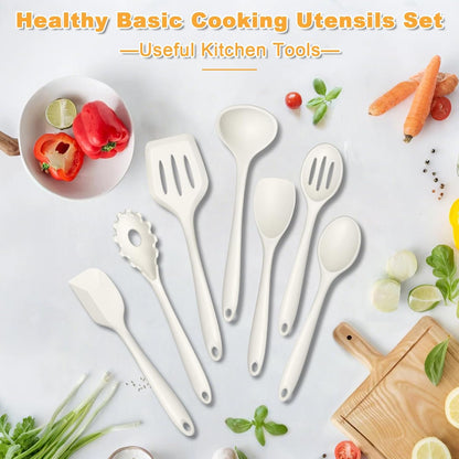 TeamFar Silicone Cooking Utensil Set of 7, Black Kitchen Nonstick Tools Turner Spoon Spatula Ladle Pasta Server for Nonstick Cookware, Healthy & One-Piece, Anti-Heat & Dishwasher Safe