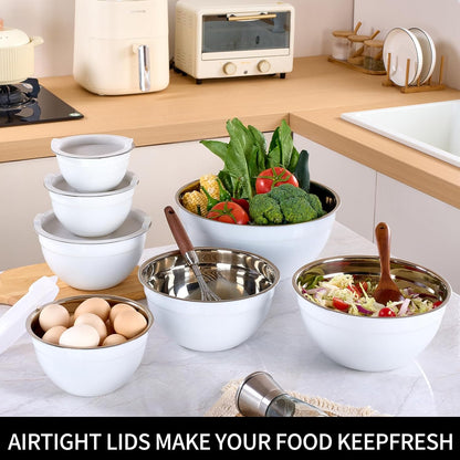 Red Mixing Bowls with Lids Set of 7, Stainless Steel Nesting Bowl with Khaki Lid for Non-slip Mixing Prepping Storing Serving, 7 Sizes-7/3.6/2.7/2.1/1.5/1/0.8 QT