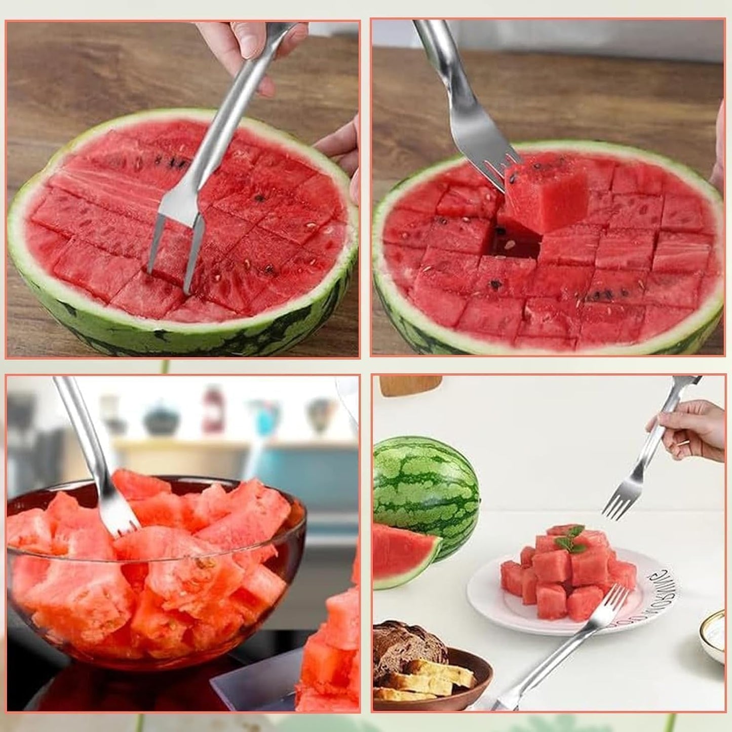 Watermelon Cutter, 2-in-1 Stainless Steel Fruit Cutter, Dual Head Watermelon Fork Slicer Tool, Summer Fruit Cutting Kitchen Gadget for Home (Round-2PCS)