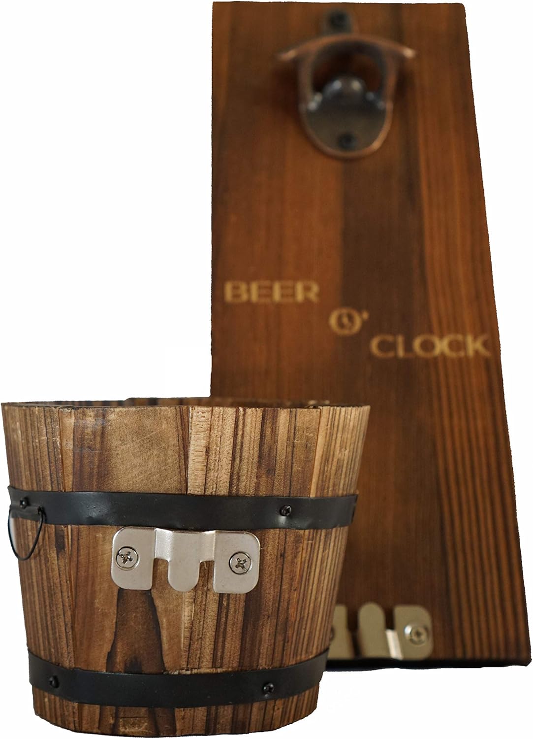 “Beer O’ Clock” Rustic Wall Mounted Bottle Opener and Catcher - Dark Stain Pine with Zinc Alloy Opener - Removable Wooden Bucket - Man (or Woman) Cave Ready