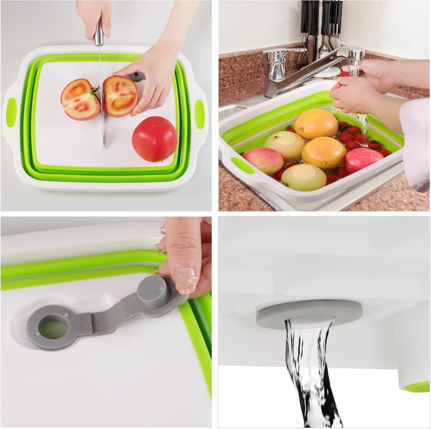 Space Saving Cutting Board, Collapsible Dish Tub with Draining Hole, Folding Chopping Board with Colander, 3 in 1 Multifunction Camping Sink for Washing Dish, Bowl, Vegetables and Fruit