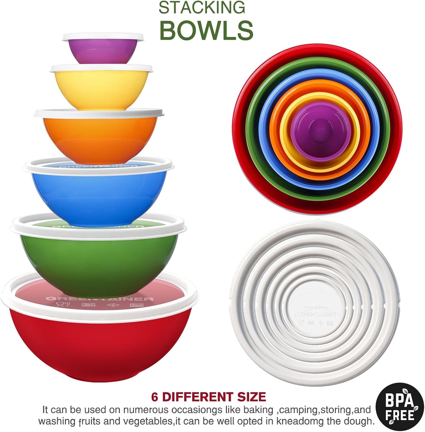 Greentainer Plastic Mixing Bowls with Lids Set for Kitchen, 6 Set Nesting Bowls for Mixing, Baking, Prepping, Cooking and Serving Food, Mixing Bowls Dishwasher, Microwave Safe