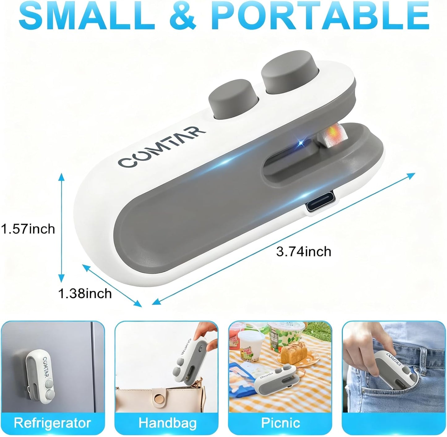 Mini Bag Sealer With Cutter And Magnet, 2 In 1 Rechargeable Vacuum Sealer Bag Heat Seal Machine With Sealer&Cutter For Plastic/Chip/Vacuum Sealer Bags (White 2.0)