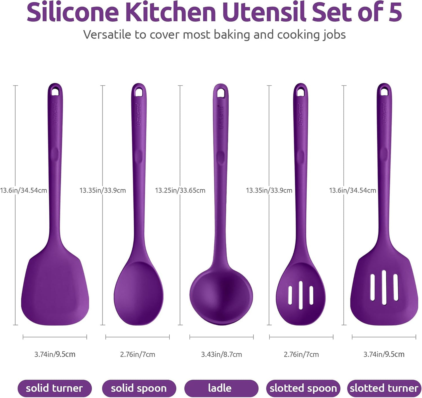 Silicone Kitchen Cooking Utensil Set: U-Taste High Heat Resistant 13.6in Long Kitchen Gadgets, BPA Free Non Stick Rubber Cook Accessories For Stir Frying, Serving, Basting, Mixing (5 Pieces, Black)
