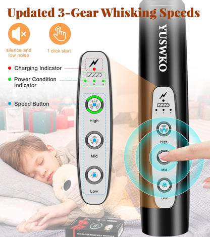 YUSWKO Black Handheld Milk Frother Wand for Coffee, Rechargeable Electric Whisk with 3 Heads 3 Speeds Drink Mixer Coffee Frother For Latte, Cappuccino, Hot Chocolate, Egg