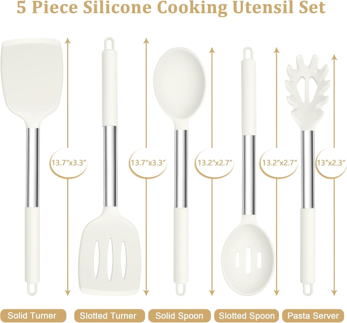 TeamFar Cooking Utensils Set, 5 PCS Silicone Kitchen Utensils with Stainless Steel Handle, for Nonstick Cookware Flipping Frying Turning Draining, Heatproof & Healthy, Nonstick & Easy Clean, Black