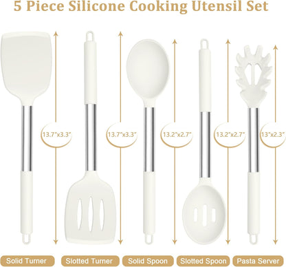 TeamFar Cooking Utensils Set, 5 PCS Silicone Kitchen Utensils with Stainless Steel Handle, for Nonstick Cookware Flipping Frying Turning Draining, Heatproof & Healthy, Nonstick & Easy Clean, Black