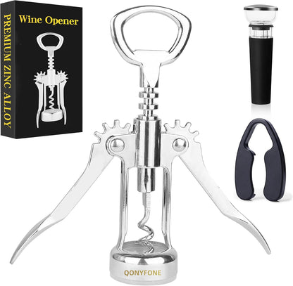 Wing Corkscrew Wine Opener, Premium Zinc Alloy Manual Bottle Opener, Heavy Duty Multifunctional Tool for Kitchen, Bar, Restaurant & Waiters, Gift Set (Silver)