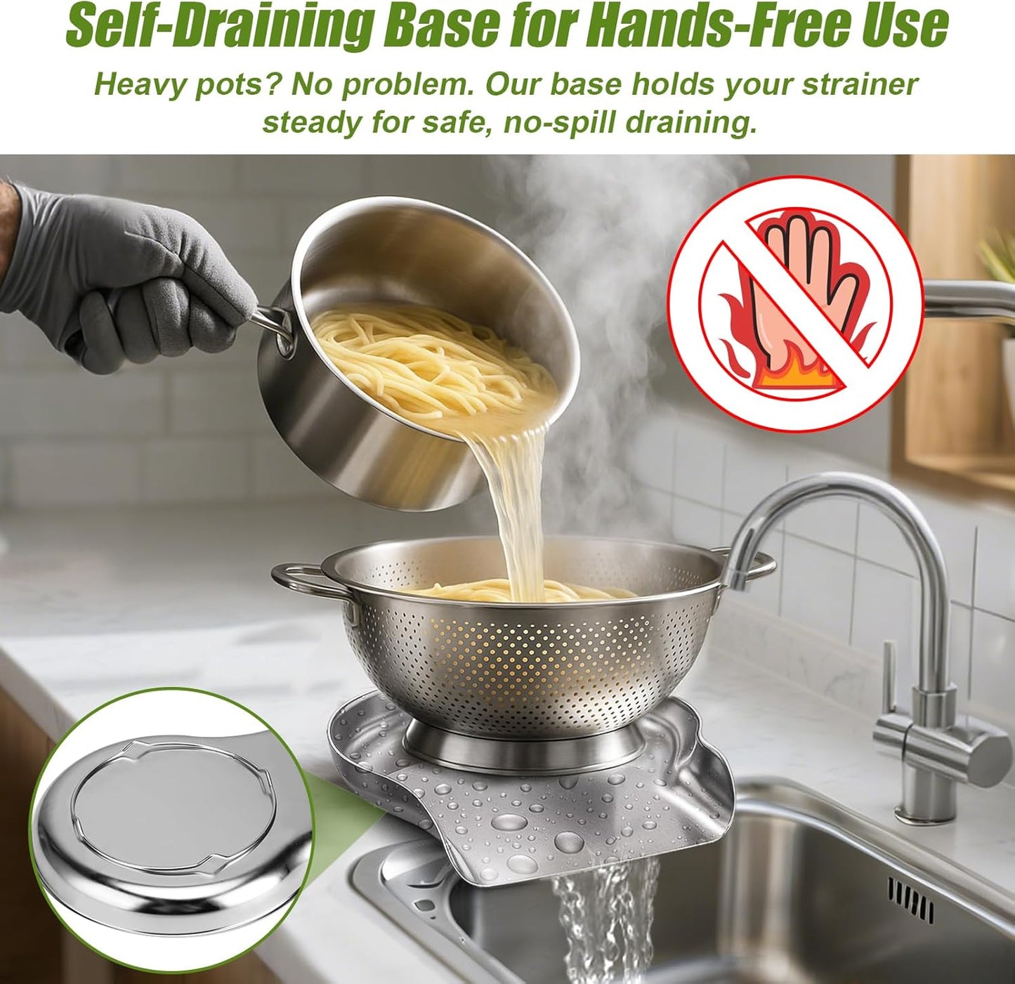 Palksky Stainless Steel Colander Set with Self-Draining Base, 3 Sizes Colanders & Food Strainers for Pasta, Rice, Fruits & Veggies, Metal Colander with Draining Plate for Sink or Countertop
