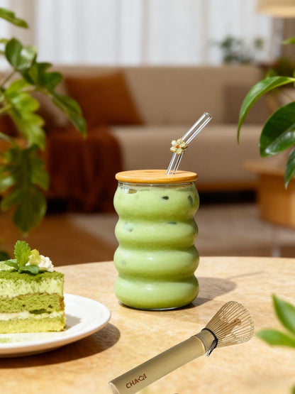 Matcha Whisk Set with Long Handle Matcha Whisk, Wave Glass Cup,Floral Straw,Bamboo Lid & Scoop - Complete Kit for Easy & Quick Matcha Preparation at Home or Office