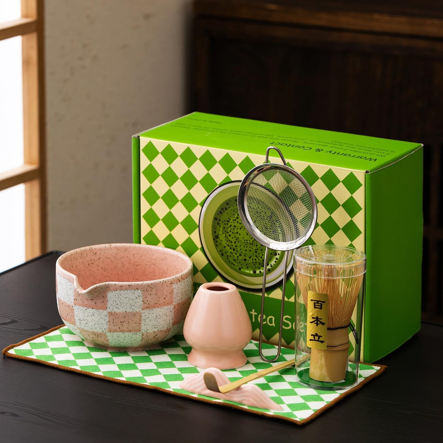 Premium 7-Piece Matcha Tea Set – Traditional Japanese Style with Elegant Grid Pattern, Includes Bamboo Whisk, Ceramic Bowl, Scoop & More – Perfect for Matcha Lovers & Tea Ceremony (Orange grid)