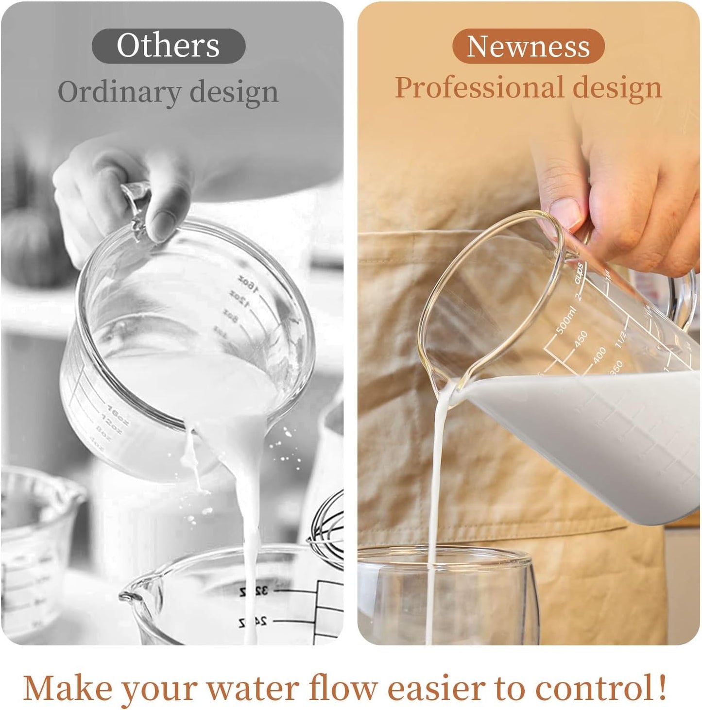 Newness 2-Cup Glass Measuring Cup For Baking and Cooking, (Upgraded, 3 Marking Including Cup/ML/Ounce Scale) Dishwasher, Freezer, Microwave, and Preheated Oven Safe, Essential Kitchen Tools