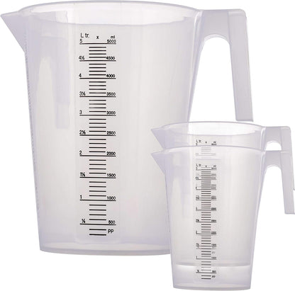 TCP Global 5 Piece Set of Plastic Graduated Measuring and Mixing Pitchers - 500, 1000 Quart, 2000, 3000, 5000 ml Gallon Sizes - Pouring Cups, Measure & Mix Paint, Resin, Epoxy, Kitchen Cooking Baking