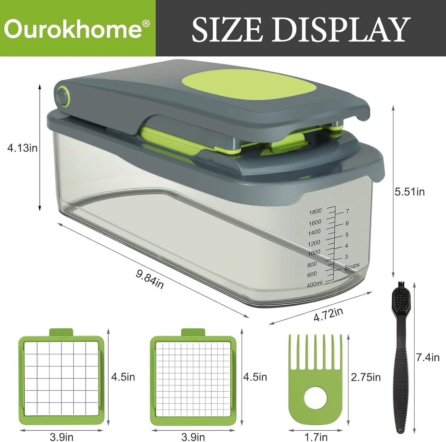 Ourokhome Veggie Chopper and Dicer with Container, Manual Hand Food Mandolin Slicer with 4 in 1 Handheld Vegetable Spiralizer for Zucchini, Potato, Onion, Essential Kitchen Gadgets (12 in 1, Gray)