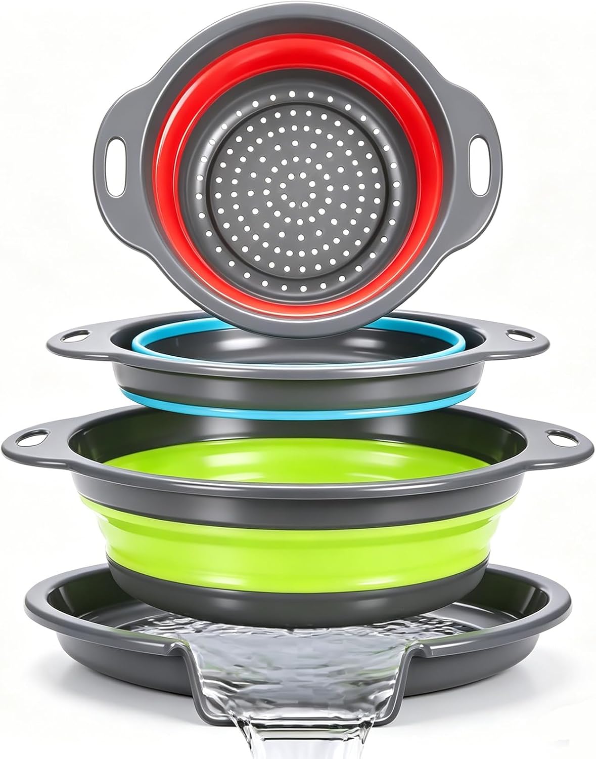 Collapsible Colander Set with Oversized Draining Tray | 3-Pack Foldable Kitchen Strainers + Base | Space Saving for Pasta, Veggies, Fruit & Rice | 5 Colors (Gray-White)