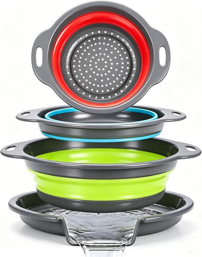 Collapsible Colander Set with Oversized Draining Tray | 3-Pack Foldable Kitchen Strainers + Base | Space Saving for Pasta, Veggies, Fruit & Rice | 5 Colors (Gray-White)