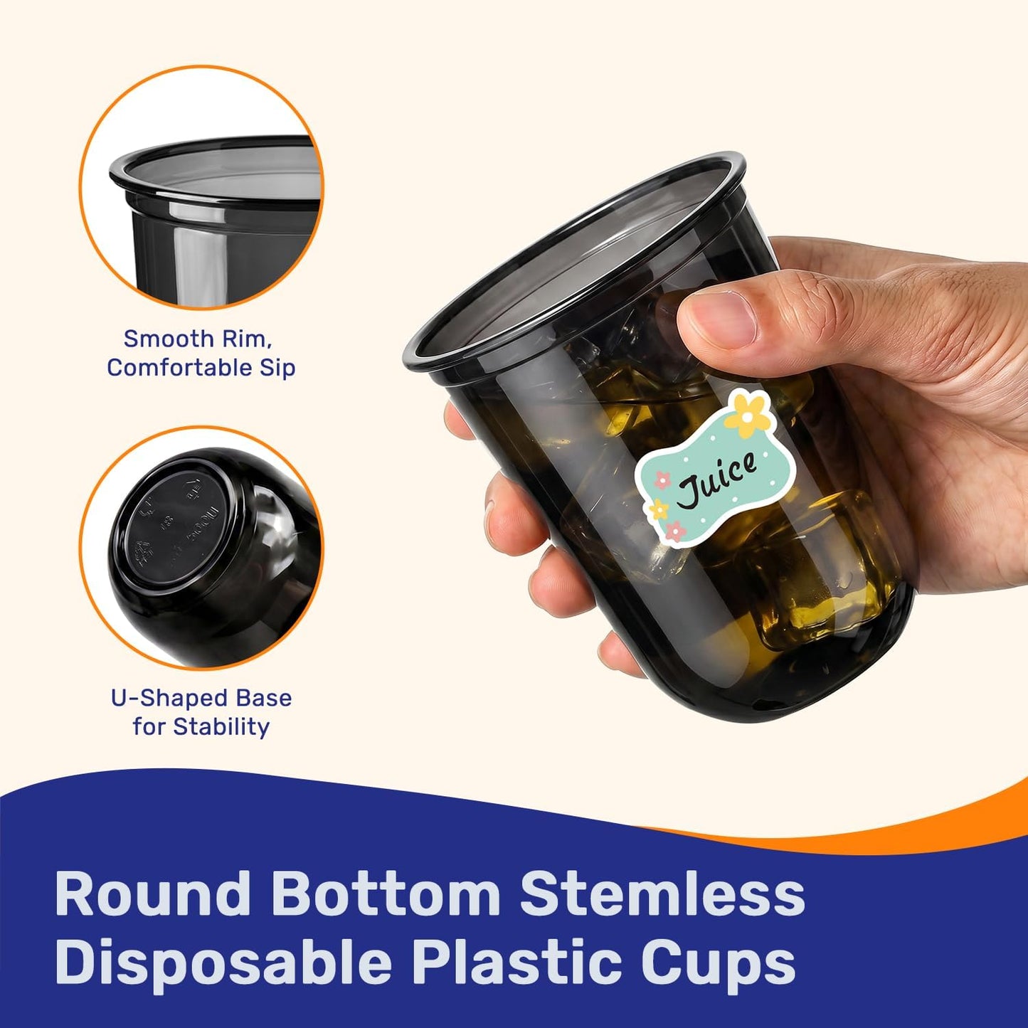 50 Pack 16oz Round Bottom Plastic Cups with Stickers, Clear Disposable Cocktail Cups for Party, Disposable Wine Glasses for Wedding, Birthday, Gathering, Drinks, Cold Beverage