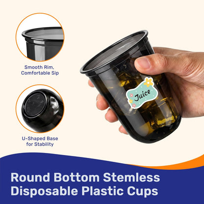 50 Pack 16oz Round Bottom Plastic Cups with Stickers, Clear Disposable Cocktail Cups for Party, Disposable Wine Glasses for Wedding, Birthday, Gathering, Drinks, Cold Beverage