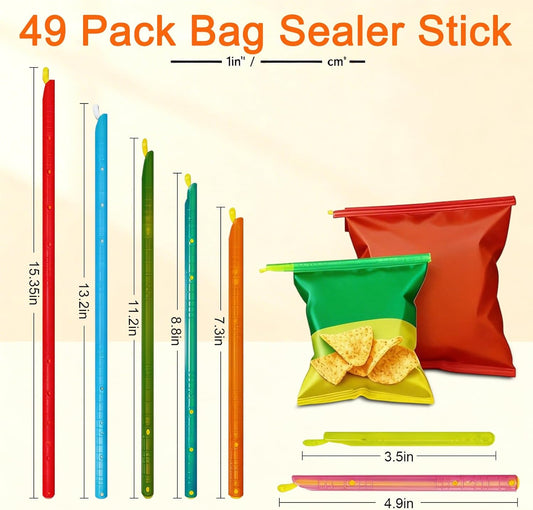 49Pcs Reusable Plastic Sealers Slide Sticks, Potato Chip Clips Set For Food, With 7 Sizes, Keep Bags Airtight Watertight & Food,Fresh, Bag Clip For (3.5″, 4.9″, 7.3″, 8.8″, 11.2″, 13.2″, 15″)