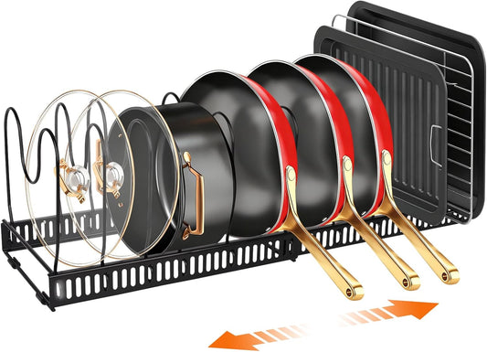 Pots and Pans Organizer for Under Cabinet, Expandable 11.81''-22.85'' Kitchen Organizer with 13 Adjustable Compartments, Pot Lid Pan Rack for Cabinet Drawer Countertop, Bakeware Cutting Board