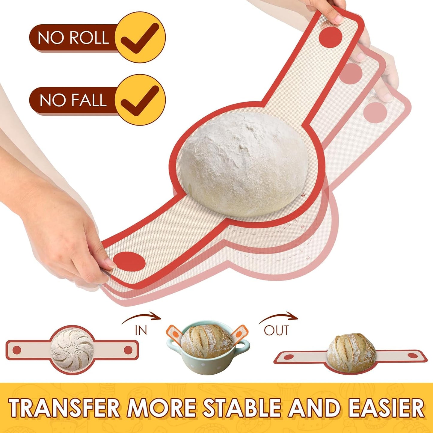 HOTEC Silicone Bread Sling for Dutch Oven - 2 Pack Non-Stick Baking Mat with Long Handle Easy to Transfer Sourdough Bread, Reusable Heat Resistant to 500°F/260°C Dutch Oven Liners Baking Supplies