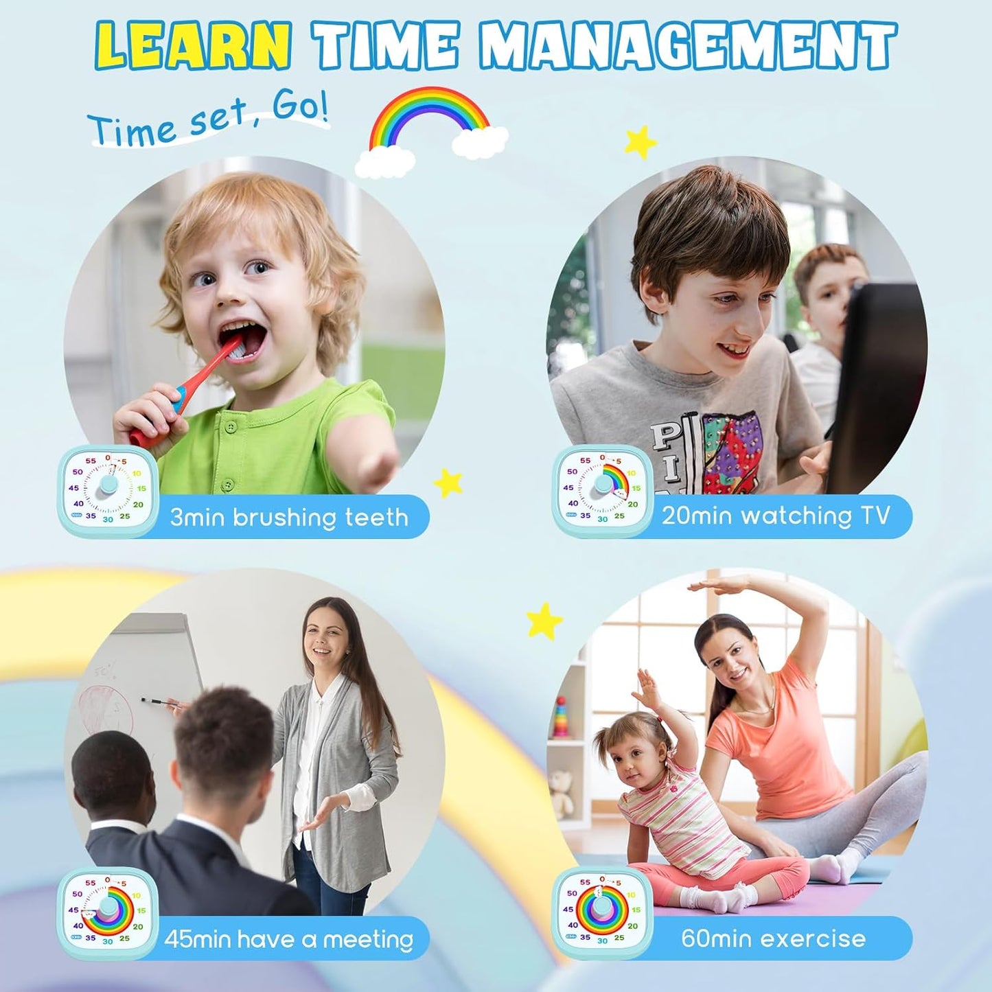 HIPPIH Visual Timer for Kids - 60 Minute Pomodoro Timers for Classroom Kitchen Office, Countdown Kids Timer Clock with Rainbow Disk, Desk Time Management Tool for Toddler with Silent Operation, Blue