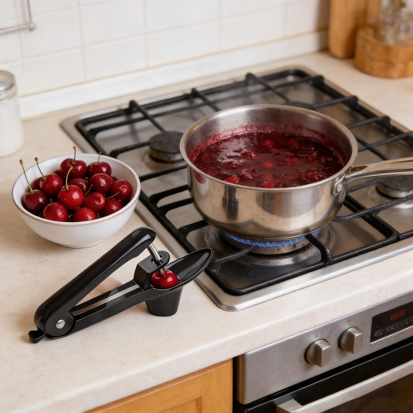 Cherry Olive Pitter Tool with Lock - Dishwasher Safe Single-Hand Operation Pit Remover for Easy Stone Removal & Juice Splatter Prevention