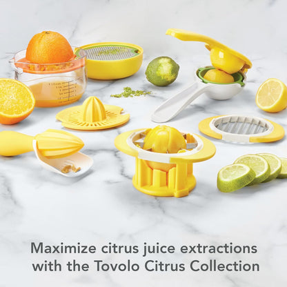 Tovolo Citrus Press Manual Hand Juicer Squeezer with Pour Spout Dishwasher Safe Aluminum Press Juicer for Lemon Lime Oranges Tangerine Pomegranate Fruit Ergonomic Grip for Efficient Juice Extraction