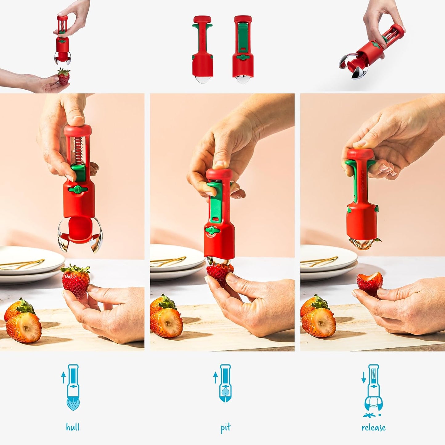 Dreamfarm Hullapit 3-in-1 Fast & Easy Strawberry Huller, Cherry Pitter & Olive Pitter - Red/Green