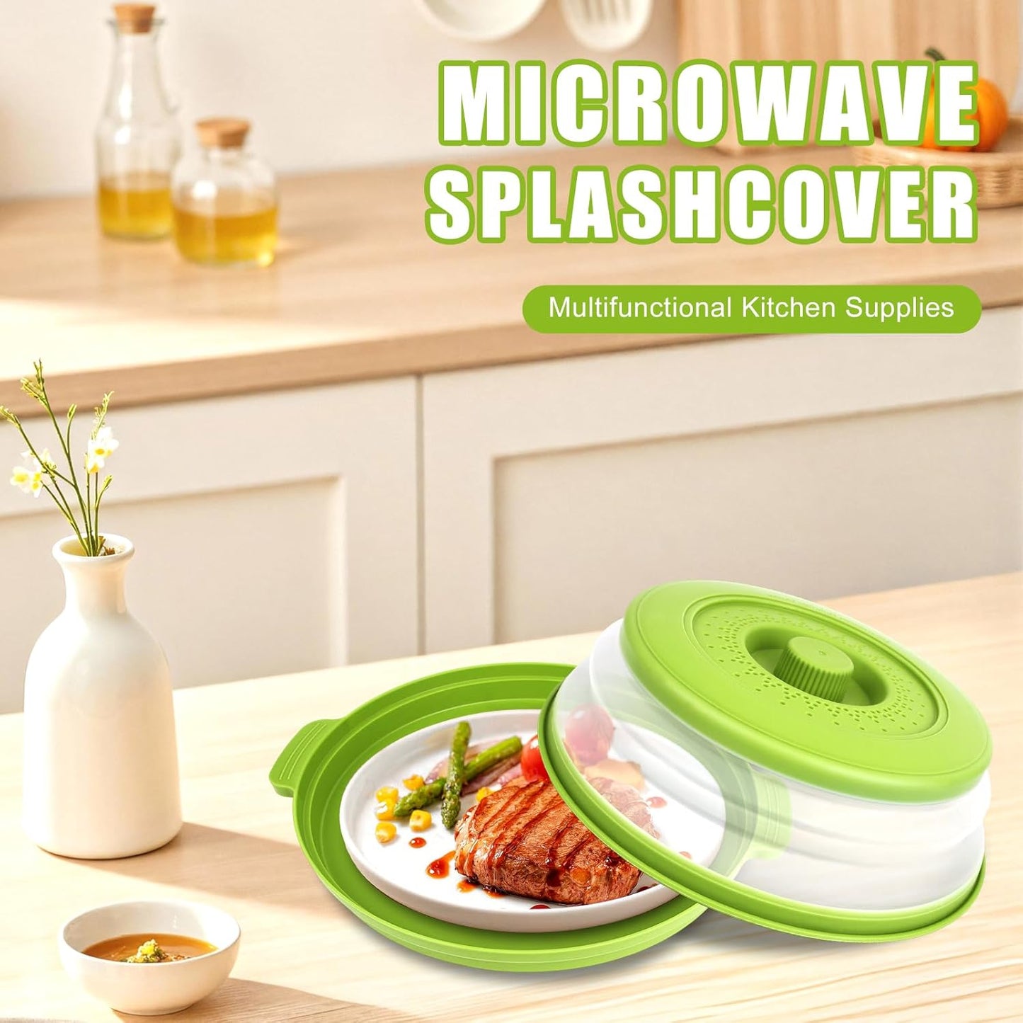 Microwave Splatter Cover Vented for Food,Collapsible Splatter Guard & Colander Kitchen Gadget for Fruit Vegetables,Microwave Lid with Handle Tray,Dishwasher-Safe BPA-Free Silicone & Plastic