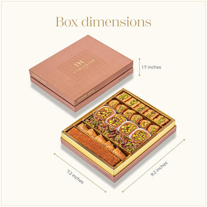 Damaskino Home Assorted Turkish Baklava Gift Box – 1.1lb (500g) 35 Pieces – Traditional Pistachio Baklava Pastry with Walnut & Cashew Fillings – Authentic Middle Eastern Sweets – Pistachio Gift Box