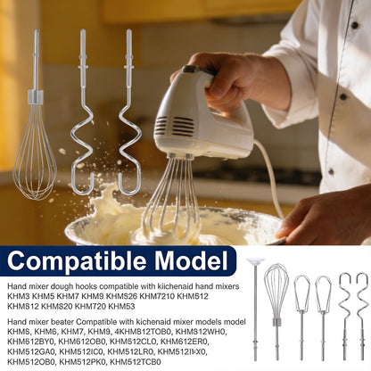 Handheld Mixer Attachments, Stainless Steel Beater Whisk Blending Rod & Dough Hooks, Replacement Compatible with KitchenAid Hand Mixers KHM3 KHM5 KHM7 KHM9, 6-Piece